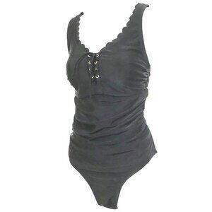 Kona Sol One Piece Blk Swimsuit Scallop trim and grommets  NWT